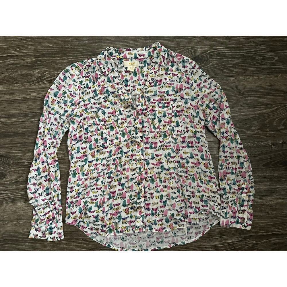 Maeve Anthropologie Rochelle Butterfly Print Long Sleeve Button Down Blouse 0p